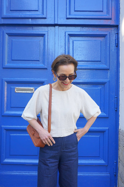 Top tee-shirt crème nœuds avec lin