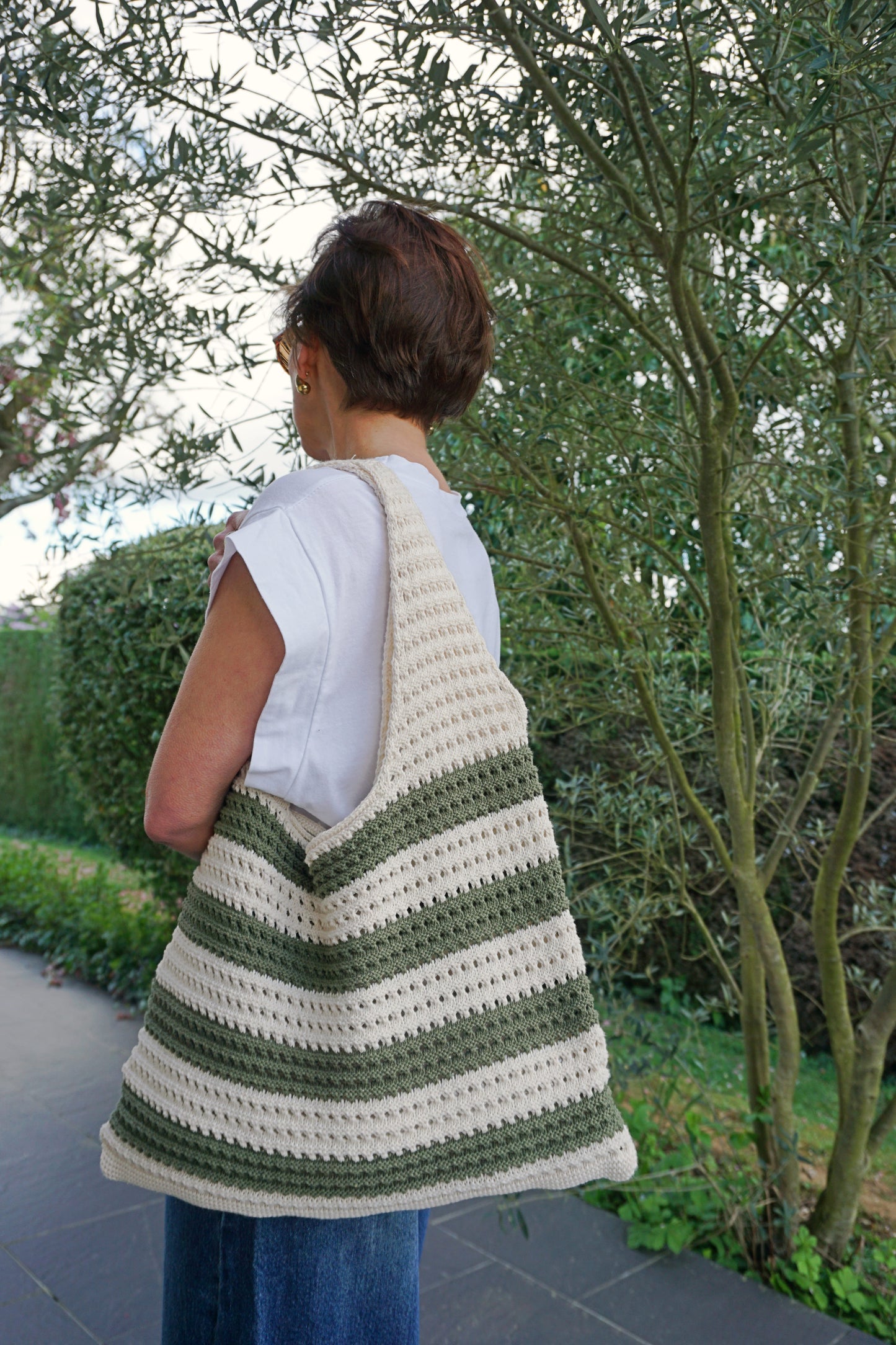 Tote bag crochet crème et rayé vert