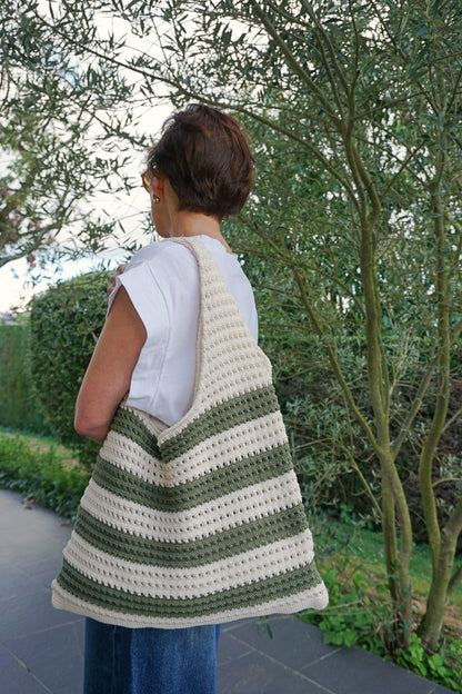 Tote bag crochet crème et rayé vert