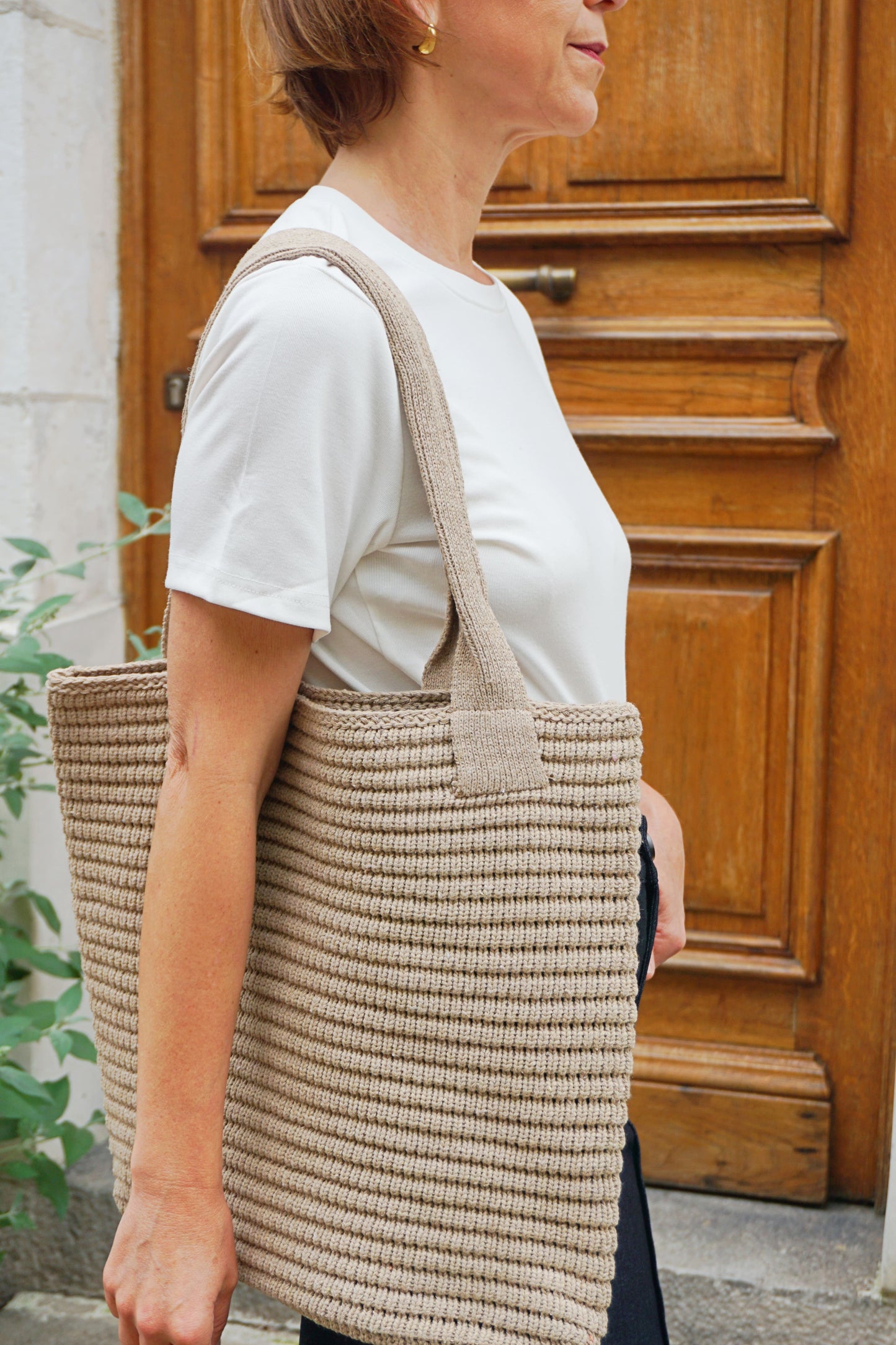 Tote bag effet crochet taupe