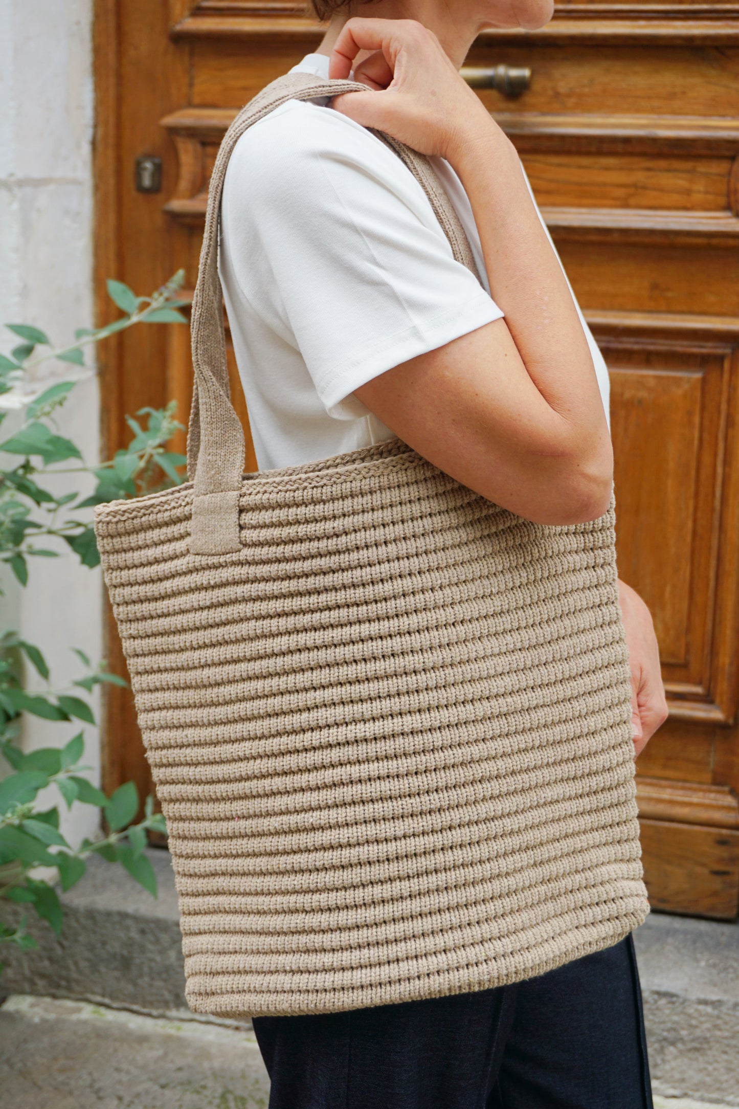 Tote bag effet crochet taupe