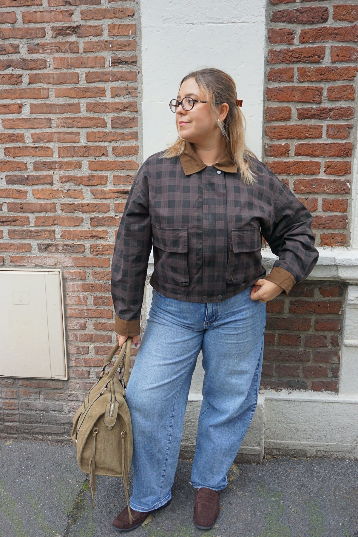 Veste à carreaux grise col marron coton