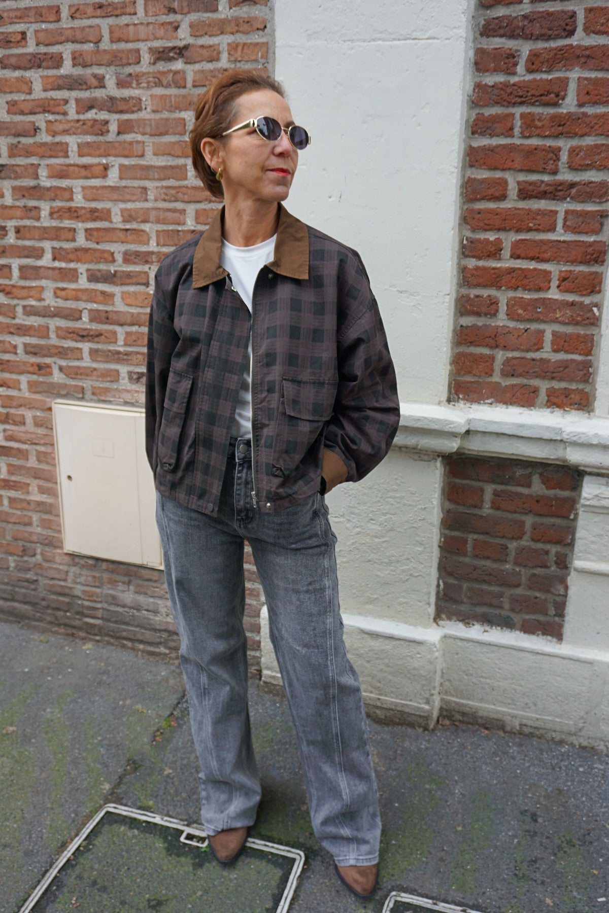 Veste à carreaux grise col marron coton