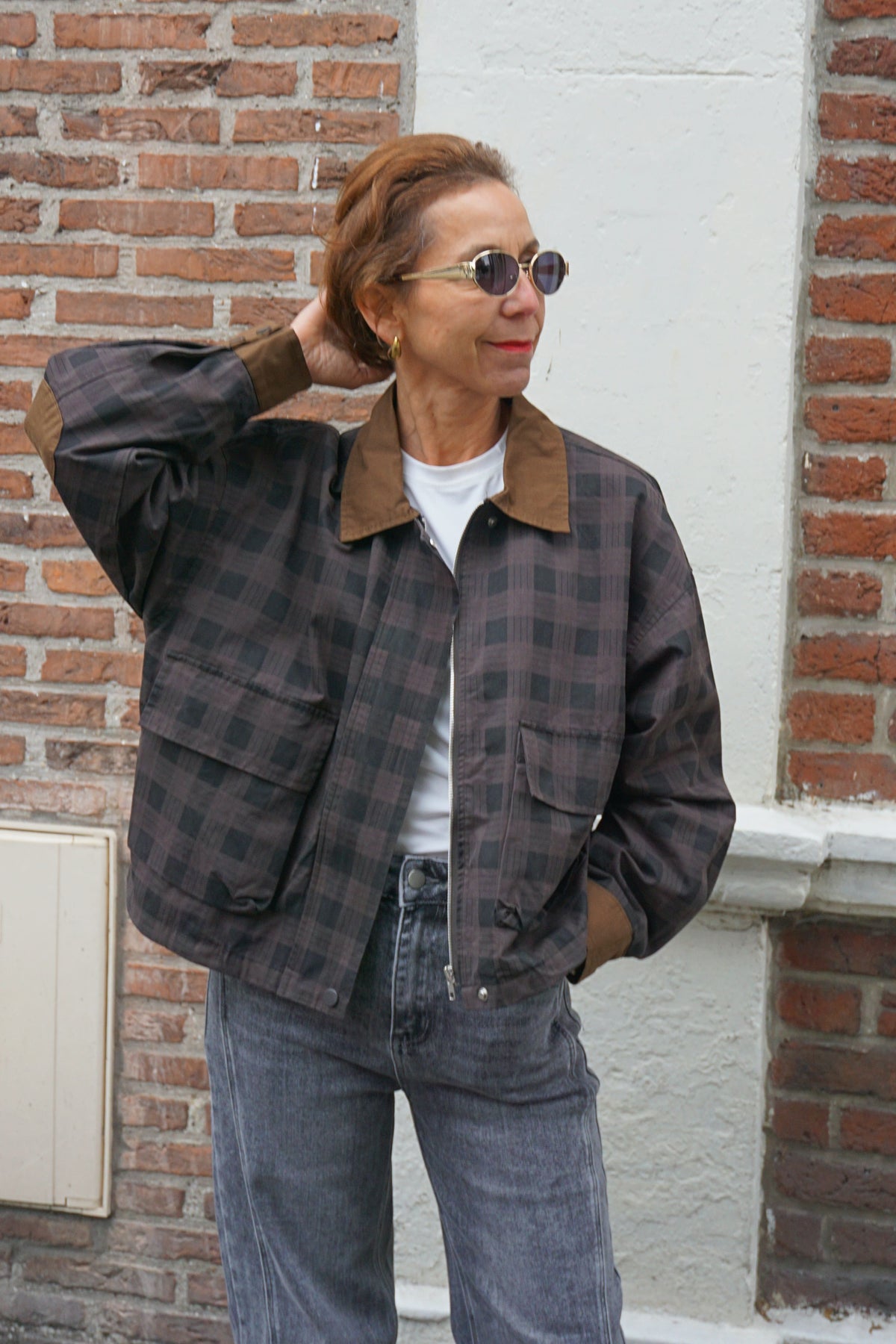 Veste à carreaux grise col marron coton