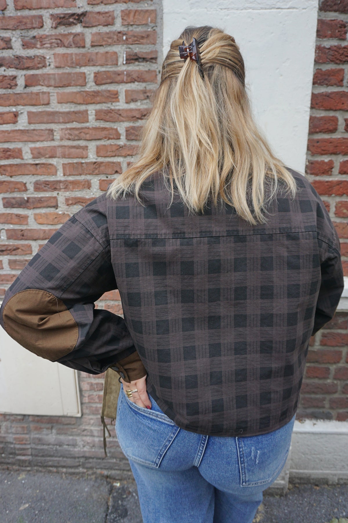 Veste à carreaux grise col marron coton