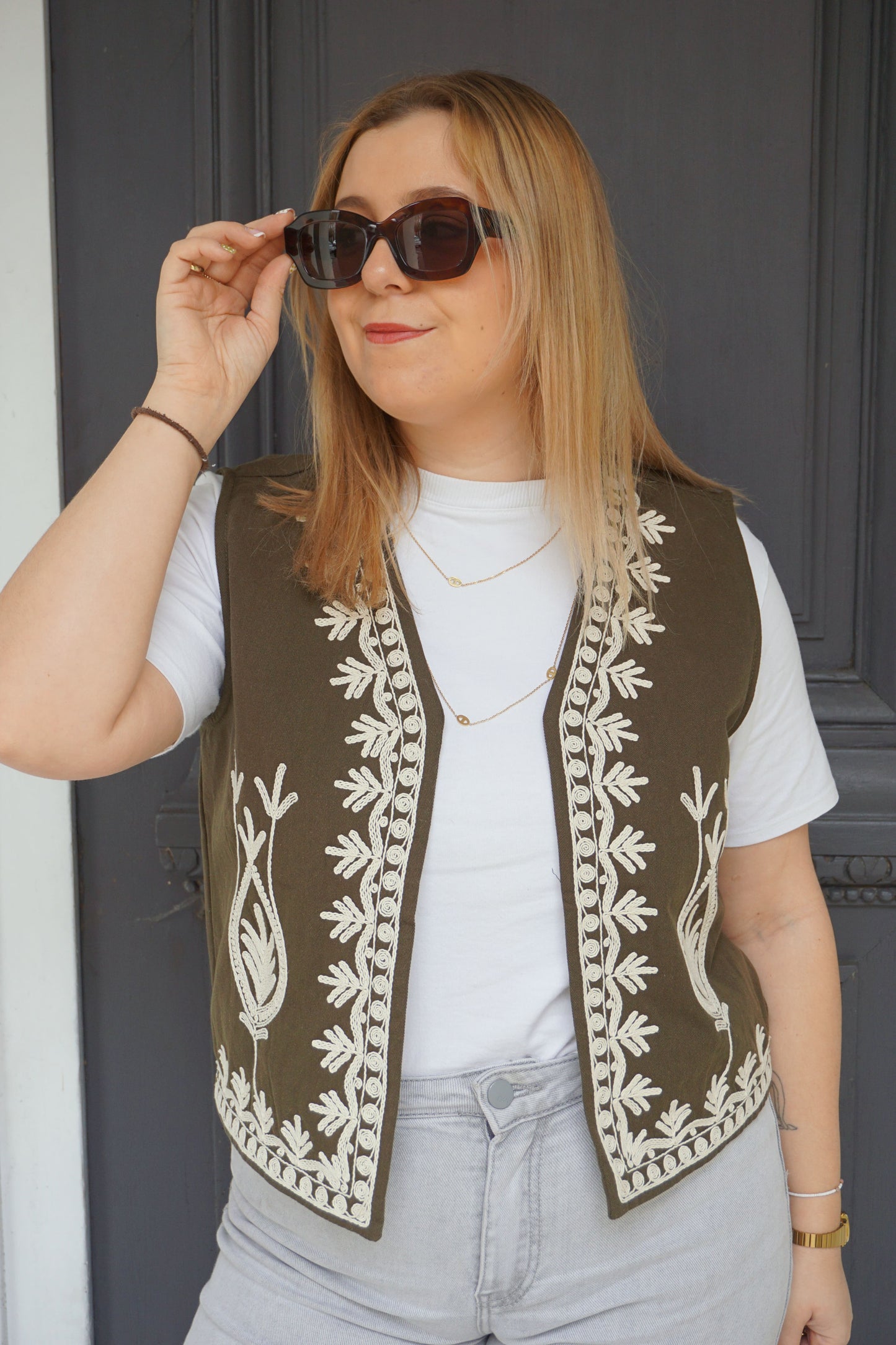 Veste boléro kaki brodé coton