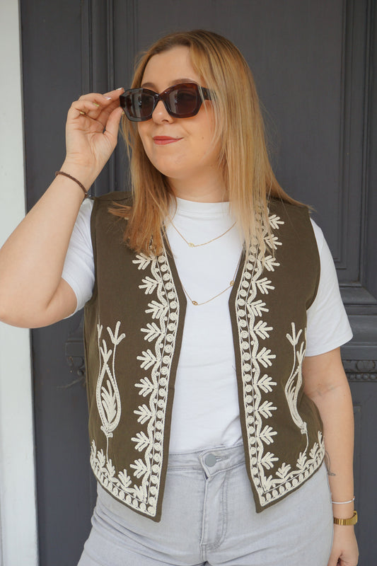 Veste boléro kaki brodé coton