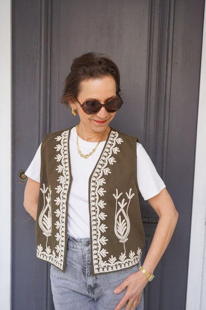 Veste boléro kaki brodé coton