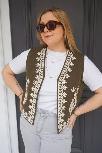 Veste boléro kaki brodé coton