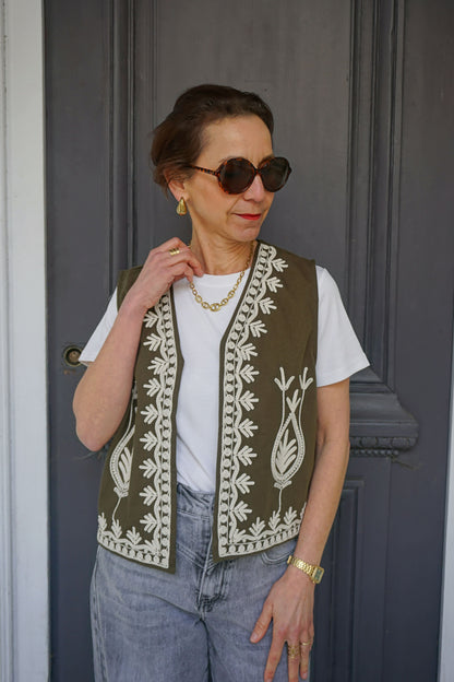 Veste boléro kaki brodé coton