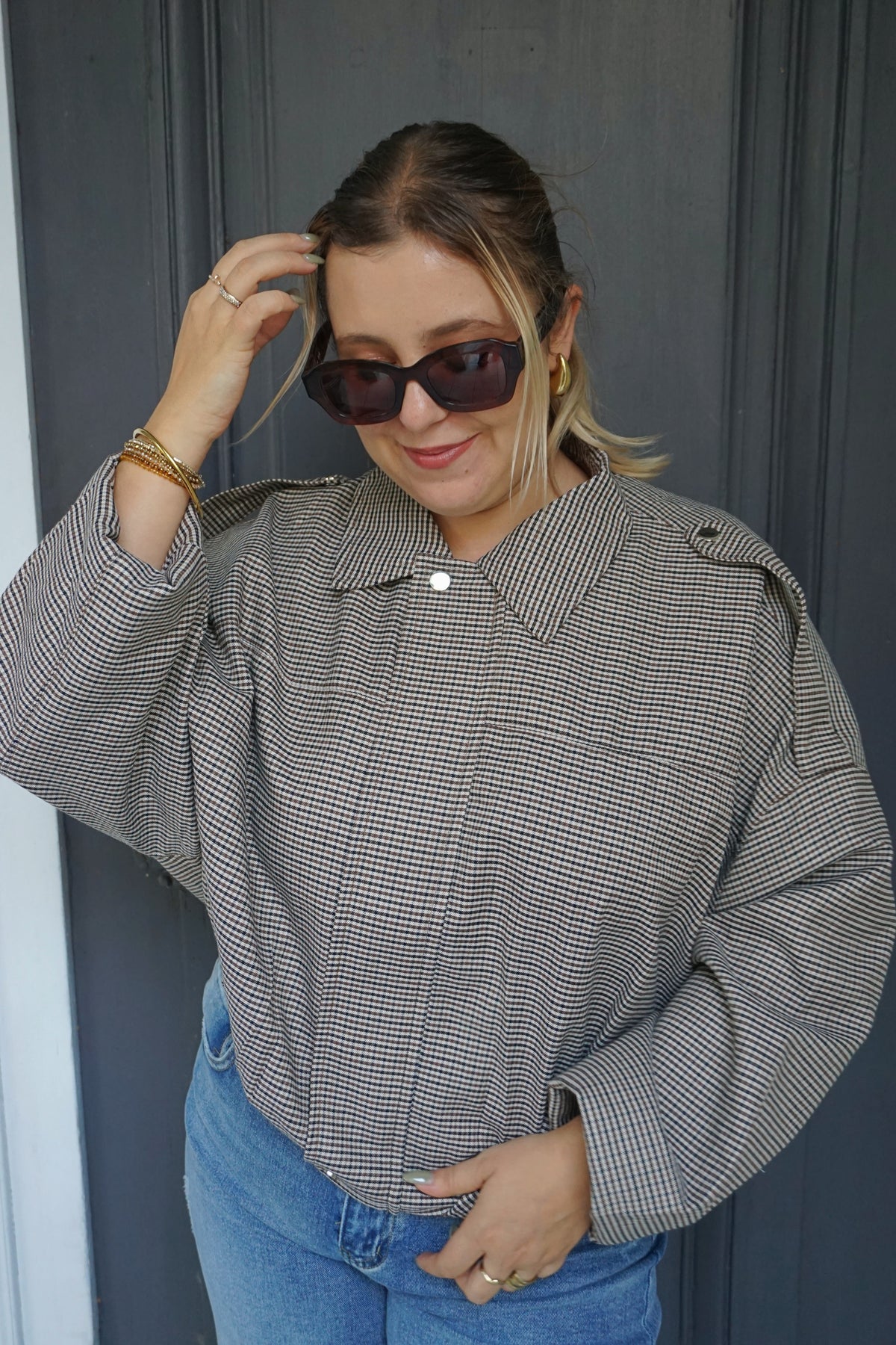 Veste bomber à carreaux marrons
