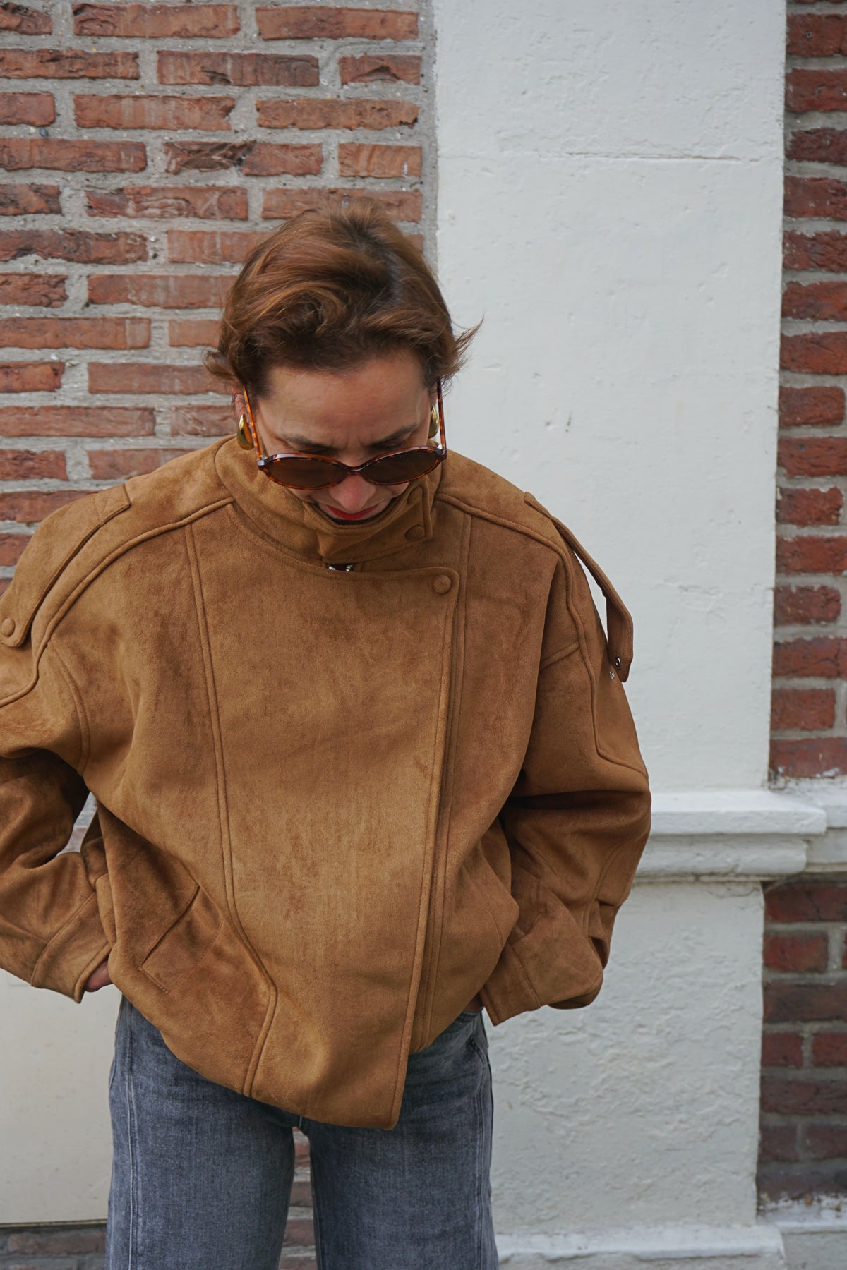 Veste col montant simili daim camel