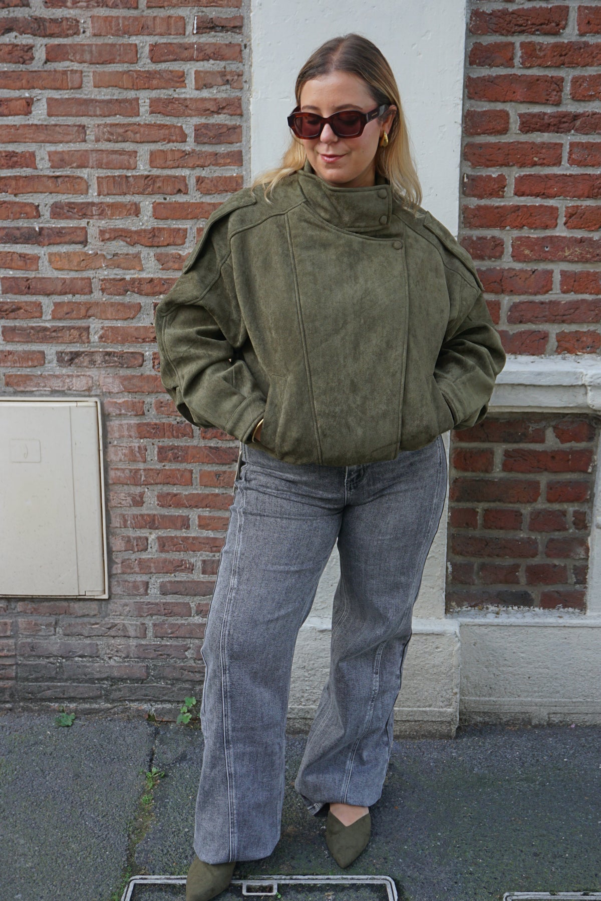 Veste col montant simili daim kaki