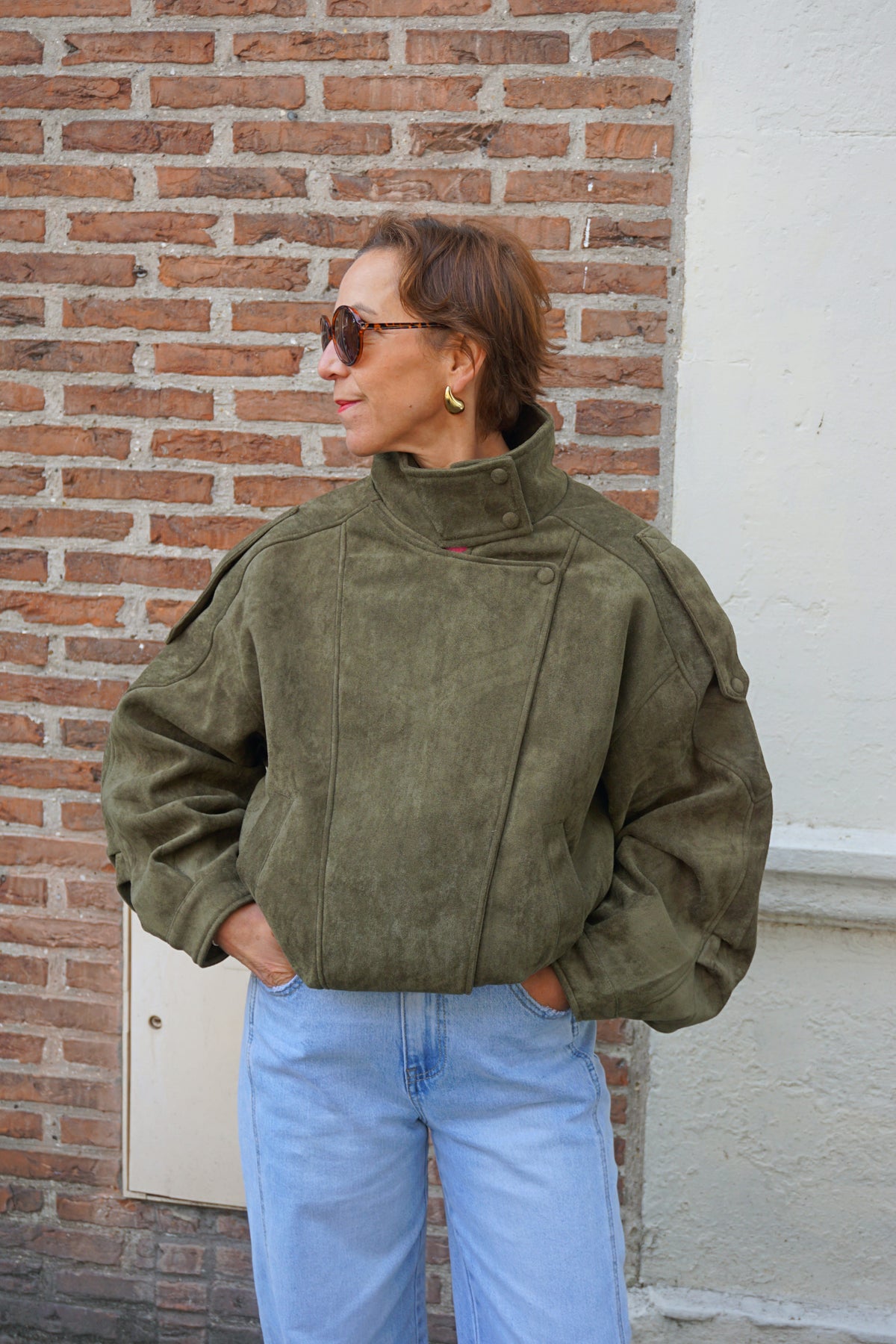 Veste col montant simili daim kaki