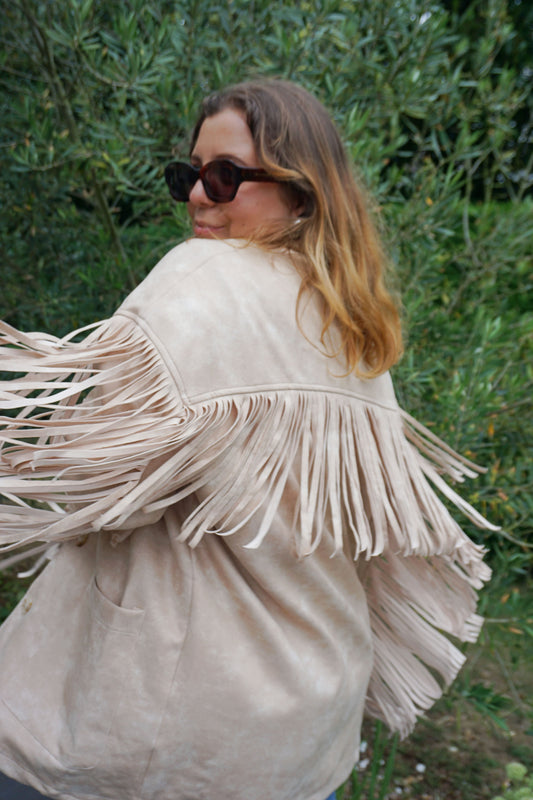 Veste effet daim crème à franges