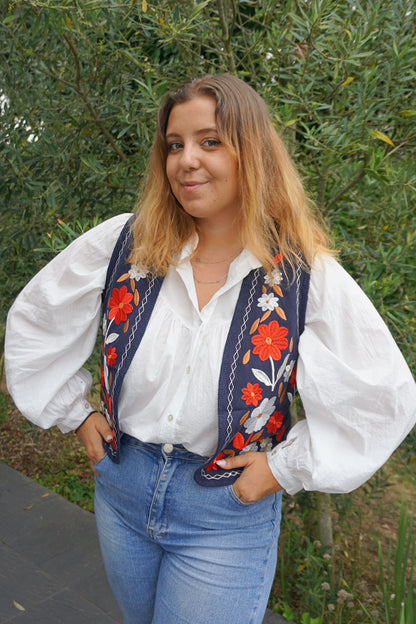 Veste gilet boléro bleu marine broderies fleurs