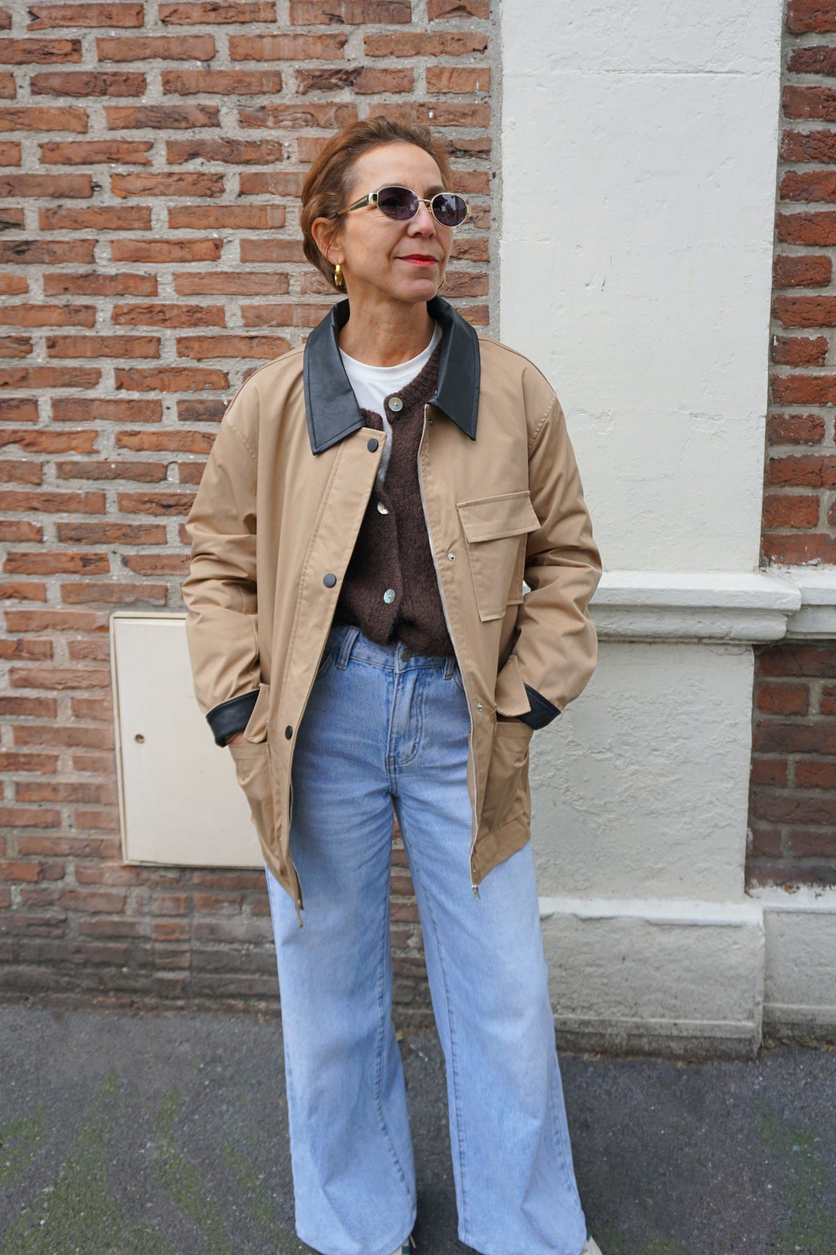 Veste mi-longue beige col similicuir