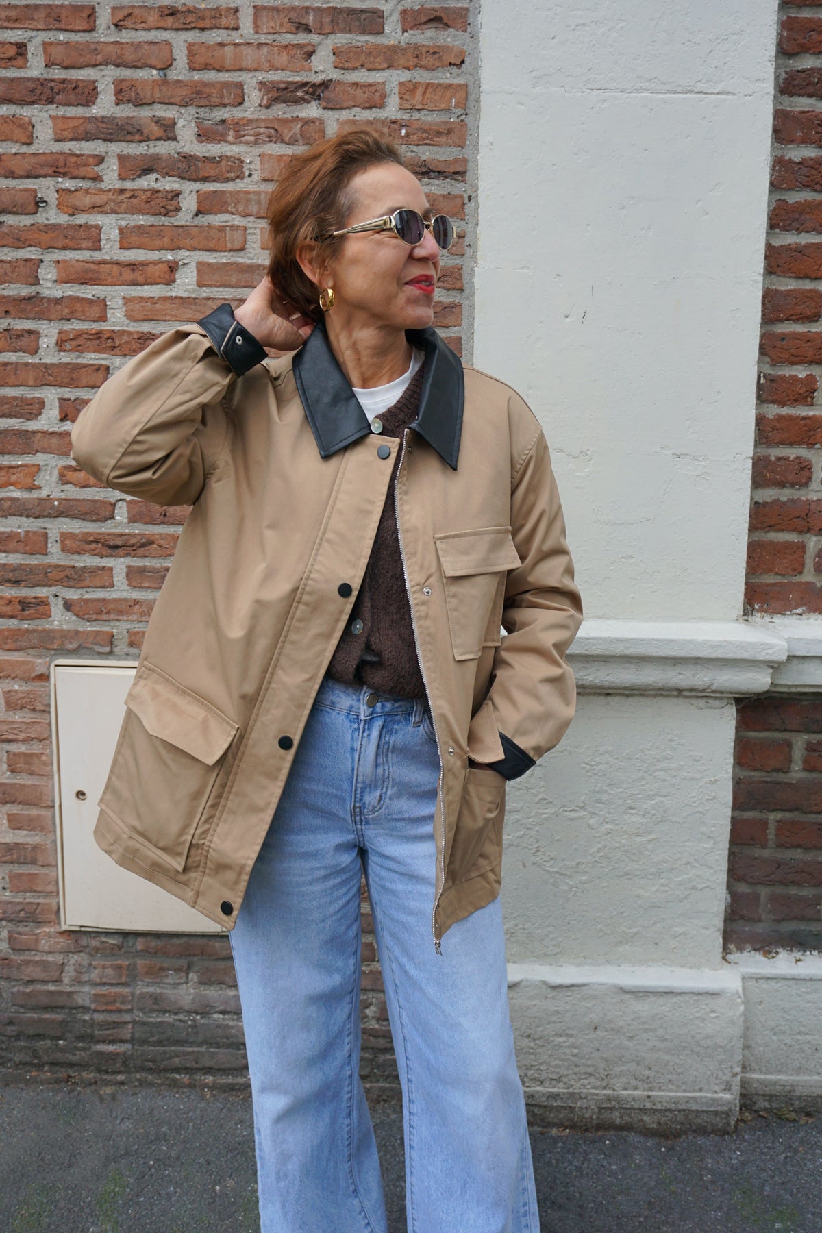 Veste mi-longue beige col similicuir