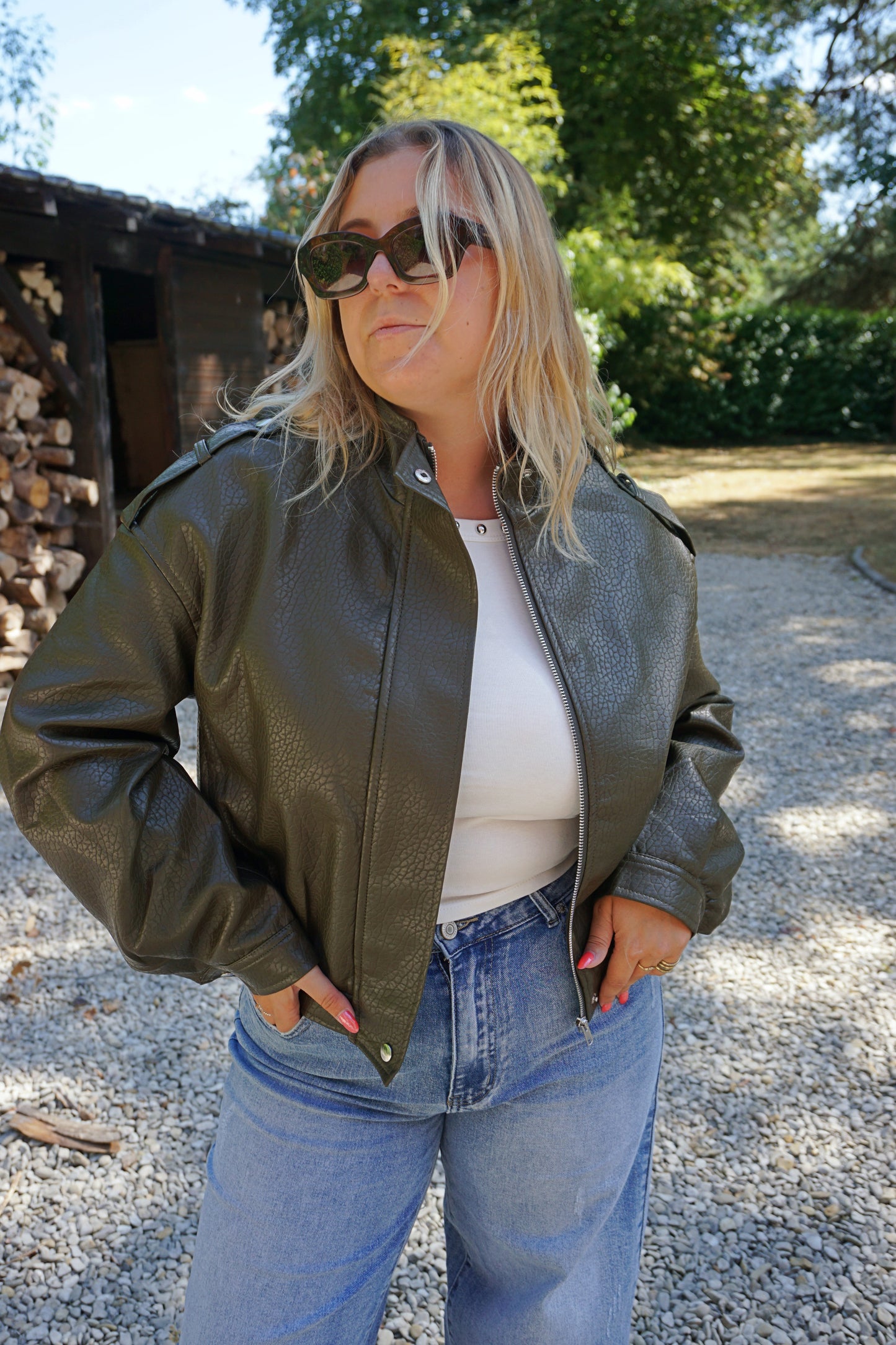 Veste similicuir vert olive oversize