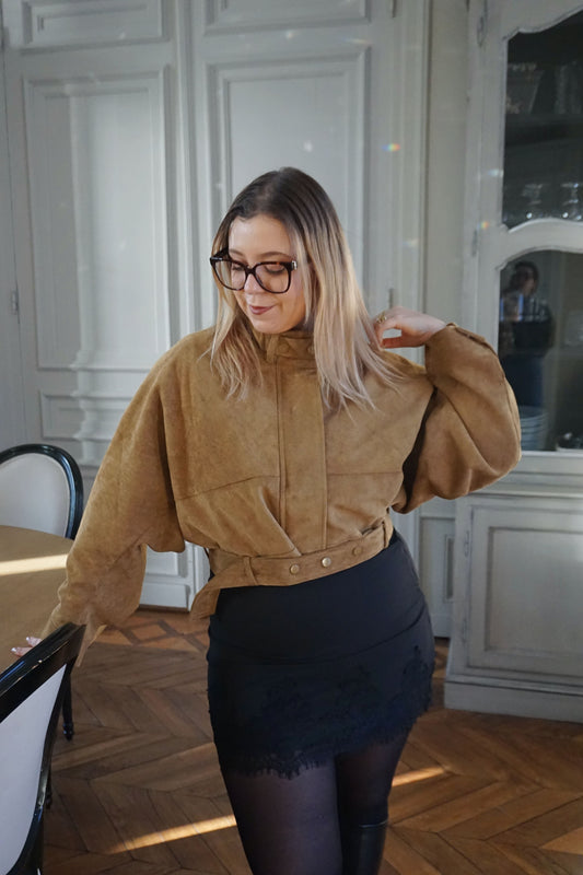 Veste suédine col montant camel