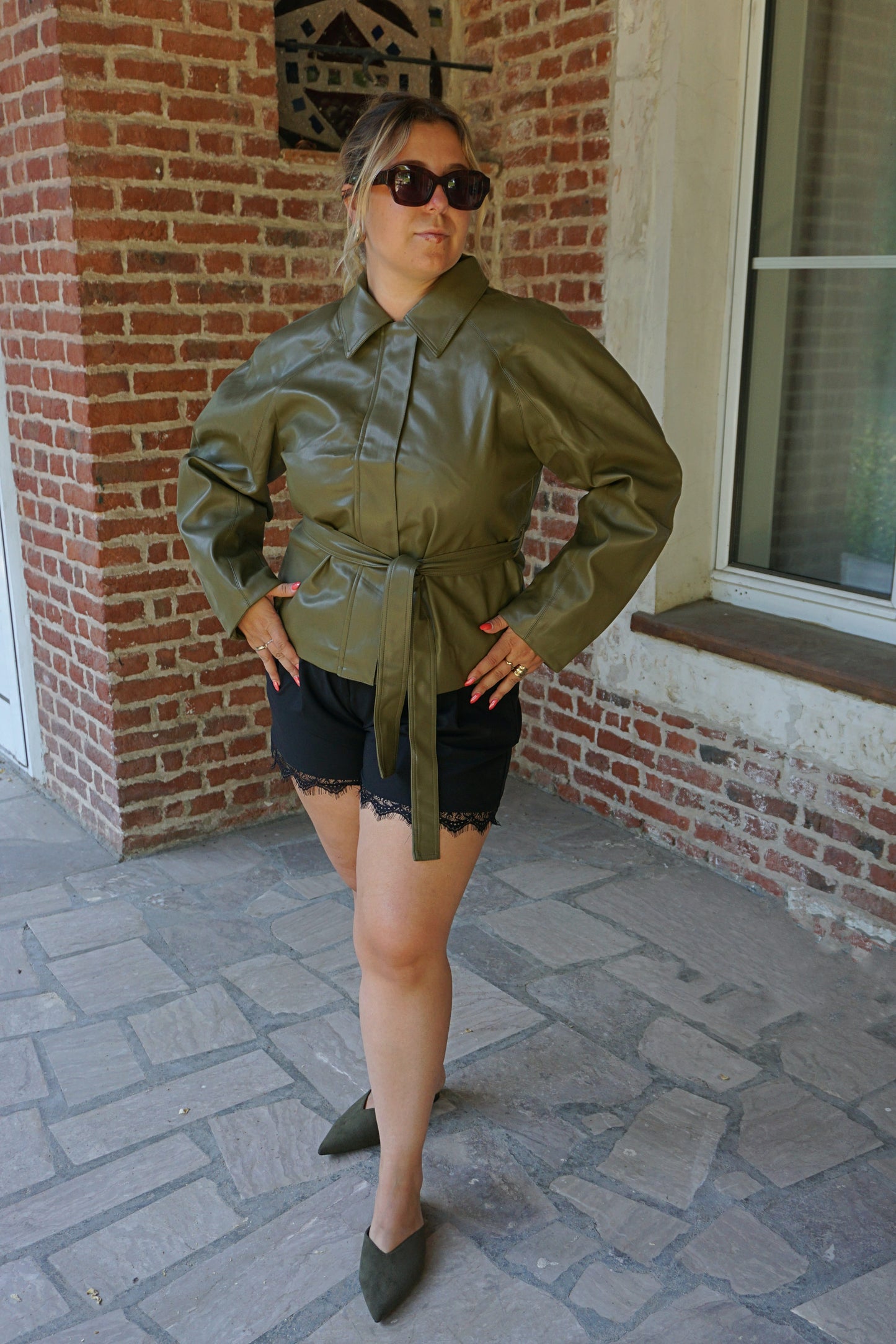 Veste verte olive ceinture similicuir